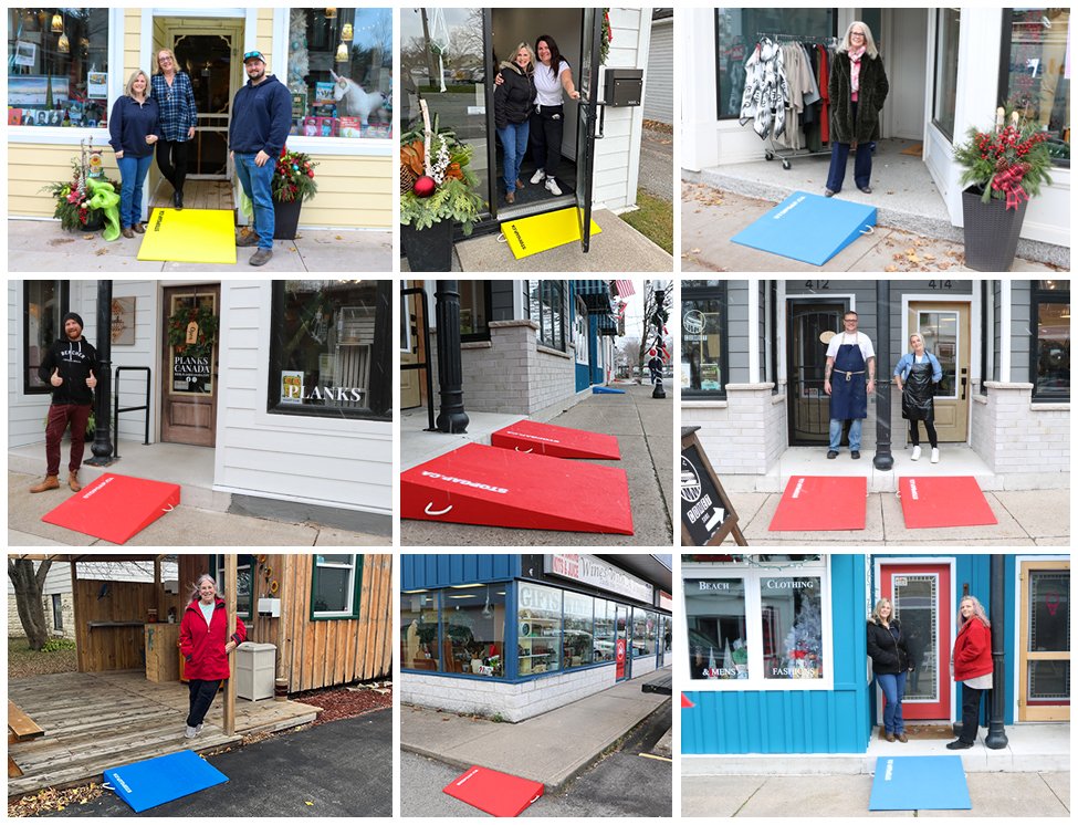 Collage of StopGap ramps in front of Fort Erie businesses
